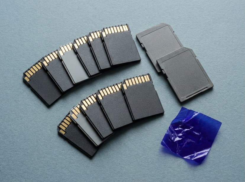 An assortment of SD and larger CFexpress memory cards arranged on a neutral surface