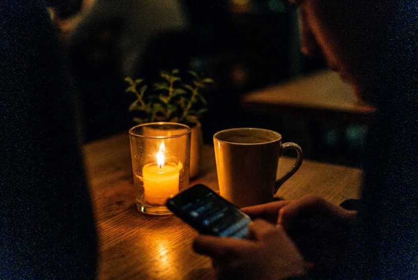 A moody candlelit bar scene at high ISO, a figure half-lit by warm amber glow with fine luminous grain riding through the deep shadows