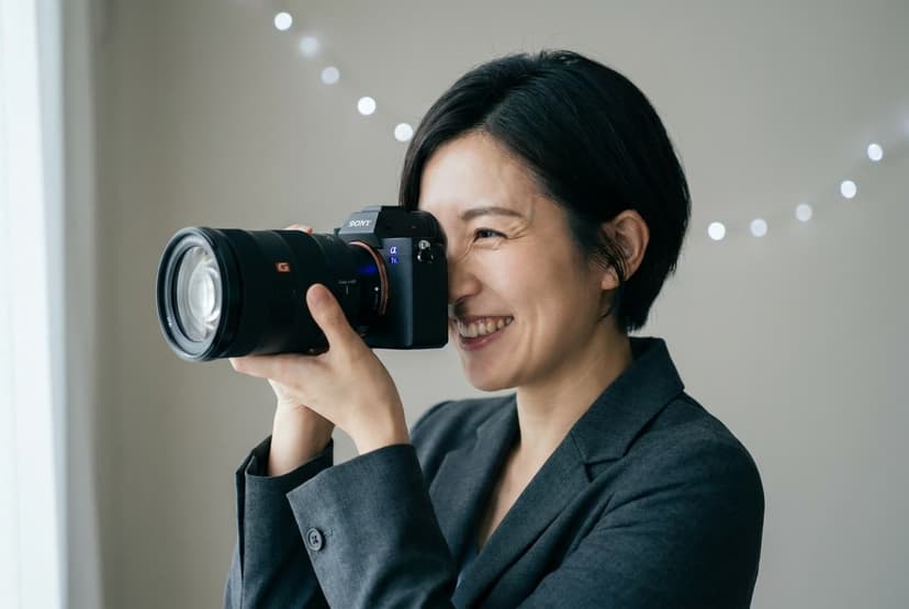 A close portrait of a smiling woman with tack-sharp eyes against a creamy melted background dotted with soft round bokeh from a wide aperture