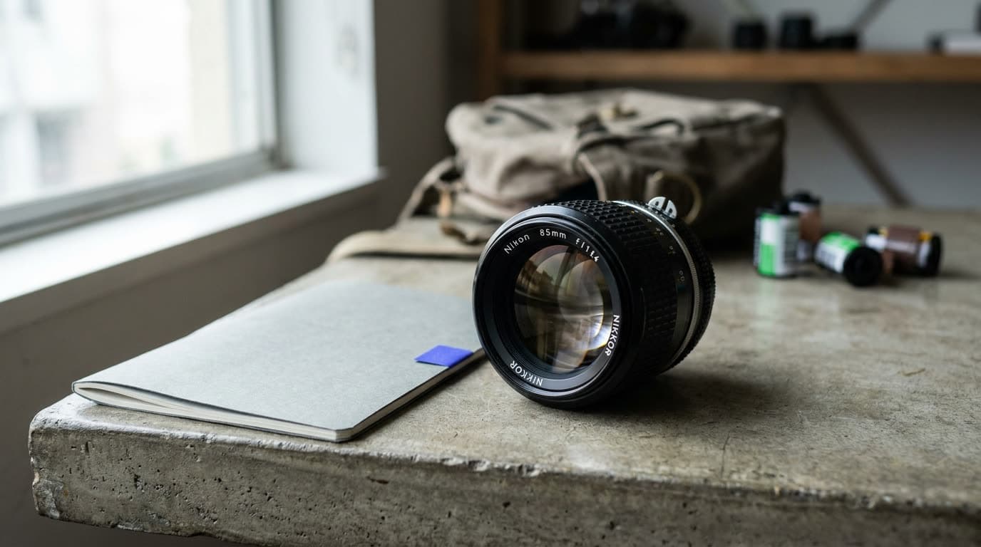 An 85mm portrait prime lens mounted on a mirrorless body against a soft background