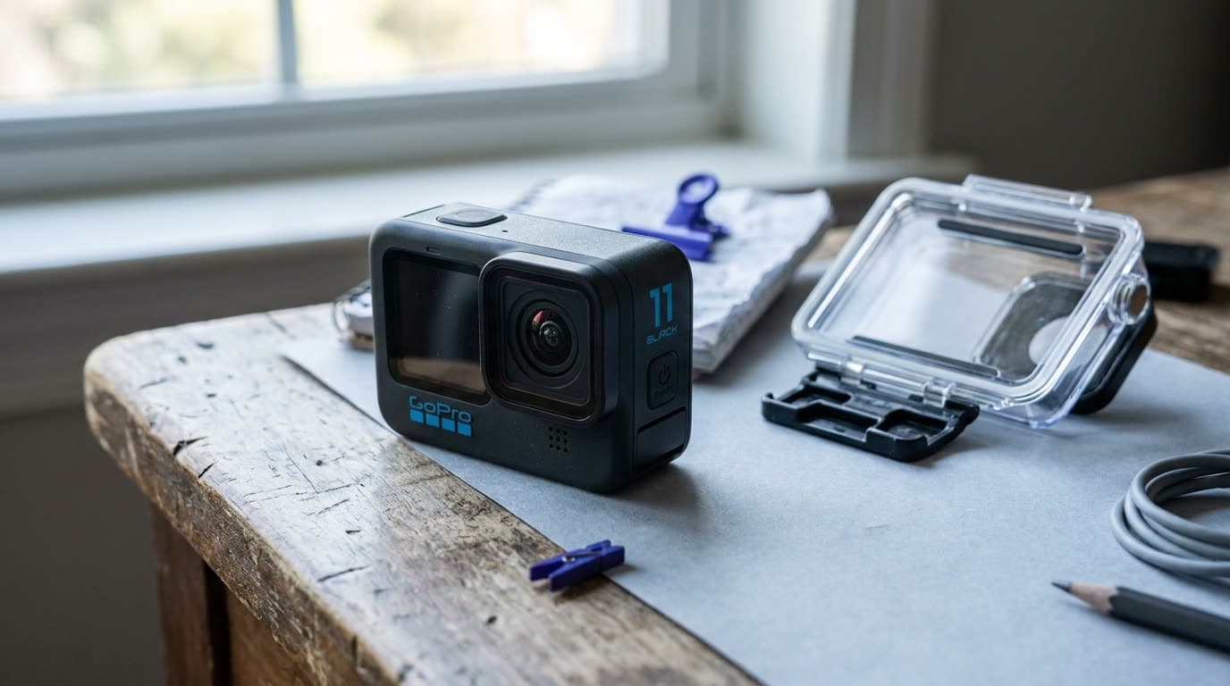 A small action camera mounted on a helmet against a bright outdoor scene