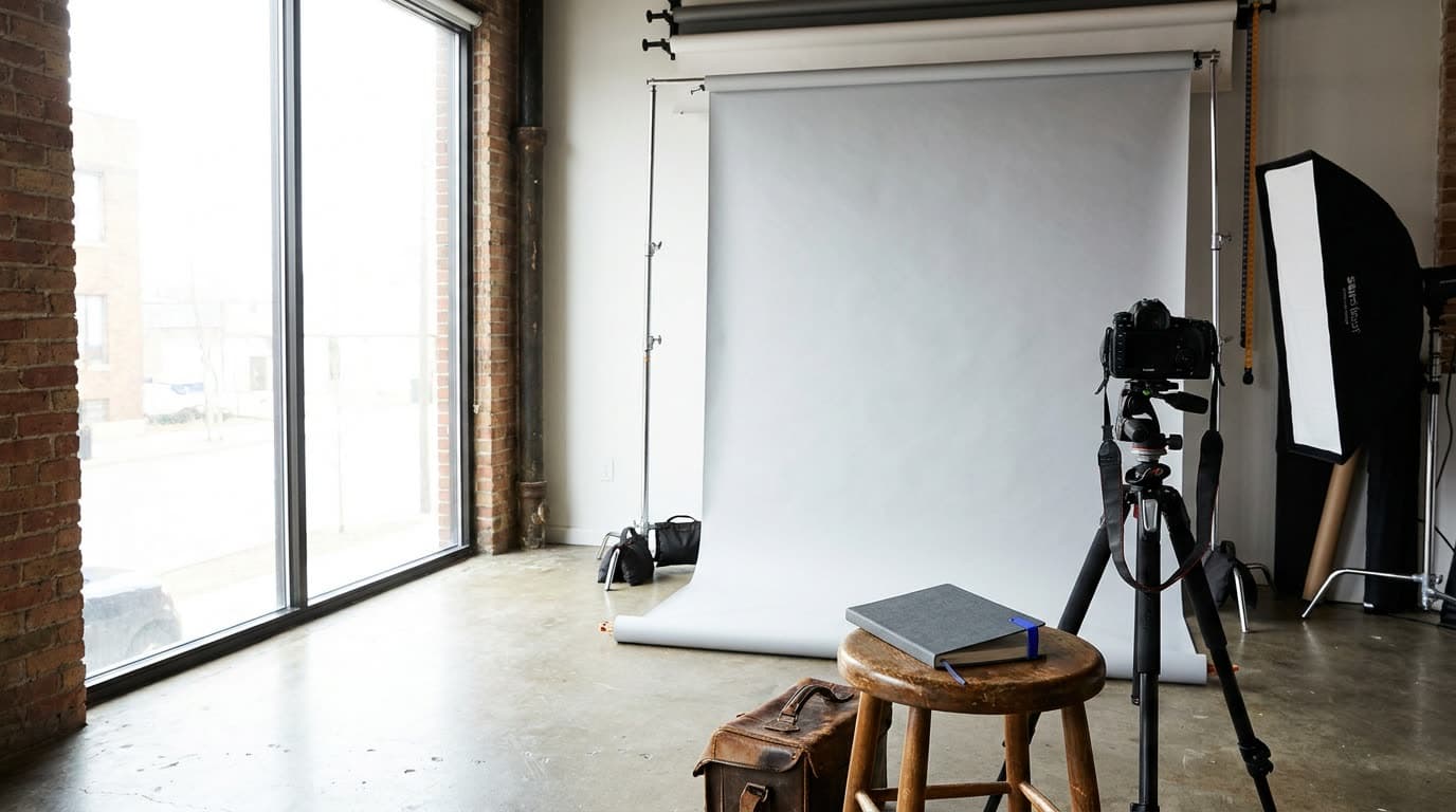A studio backdrop hung on a support stand behind a lit subject area