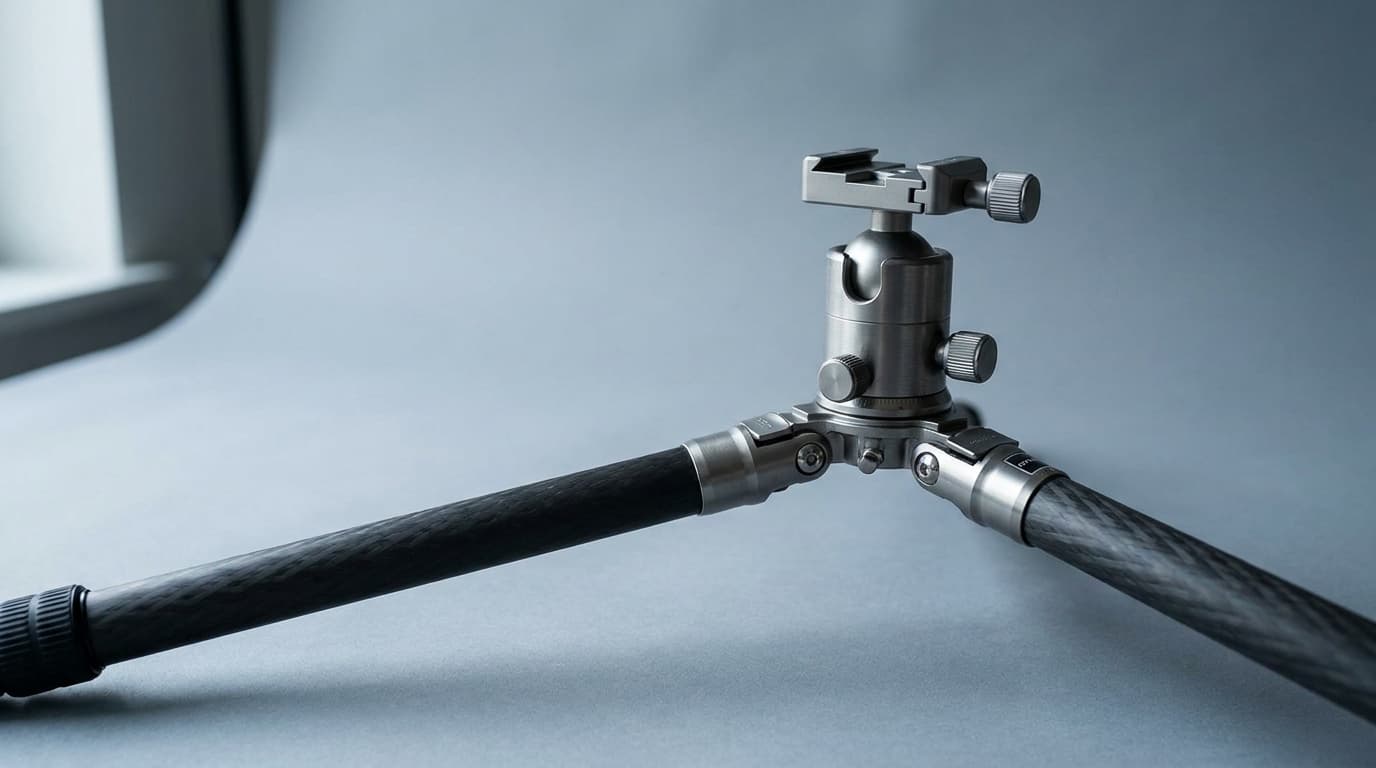 A ball head with an Arca-style clamp mounted on carbon tripod legs