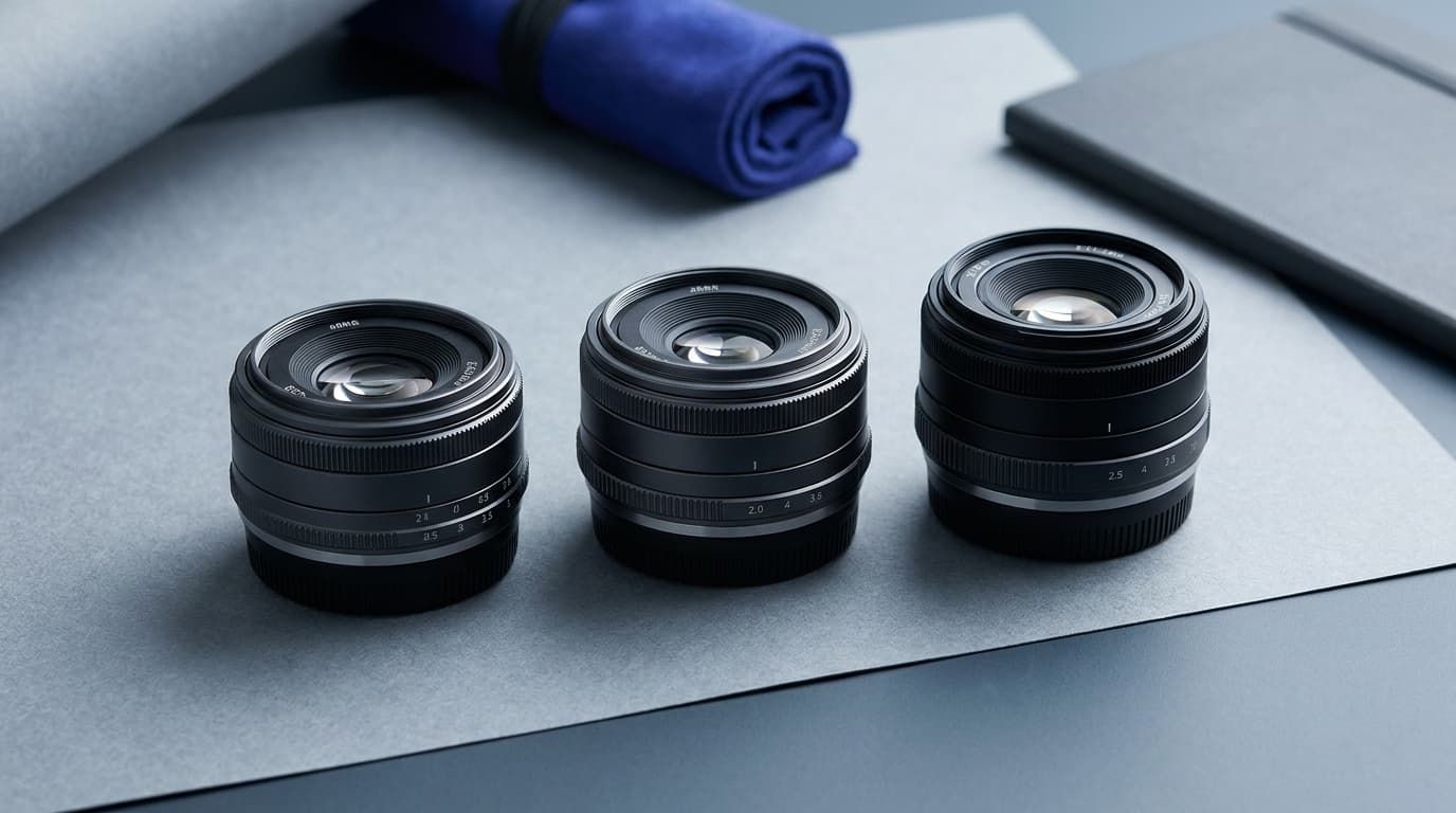 A row of compact affordable prime lenses