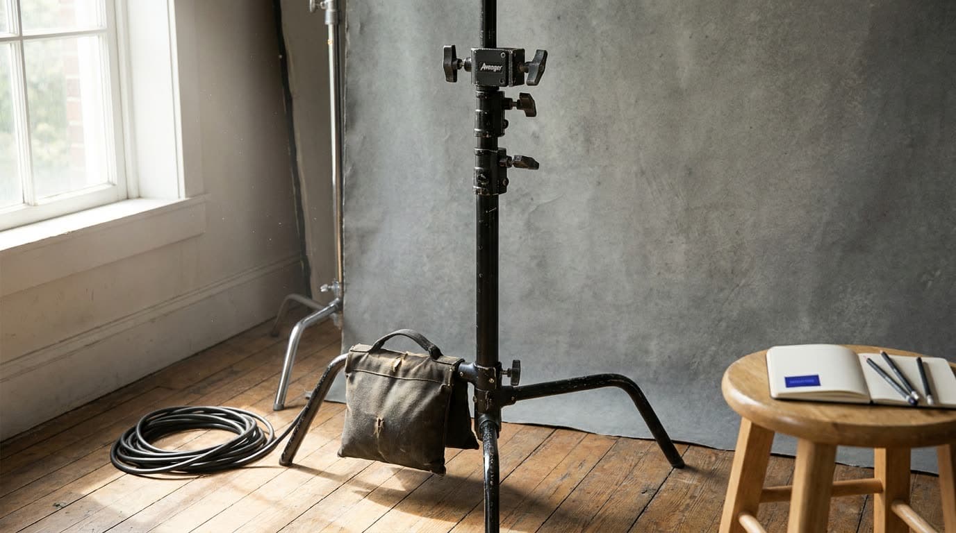 A C-stand with a grip arm holding a flag on a studio set