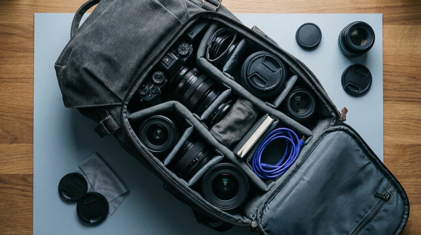 An open camera bag with foam dividers and gear