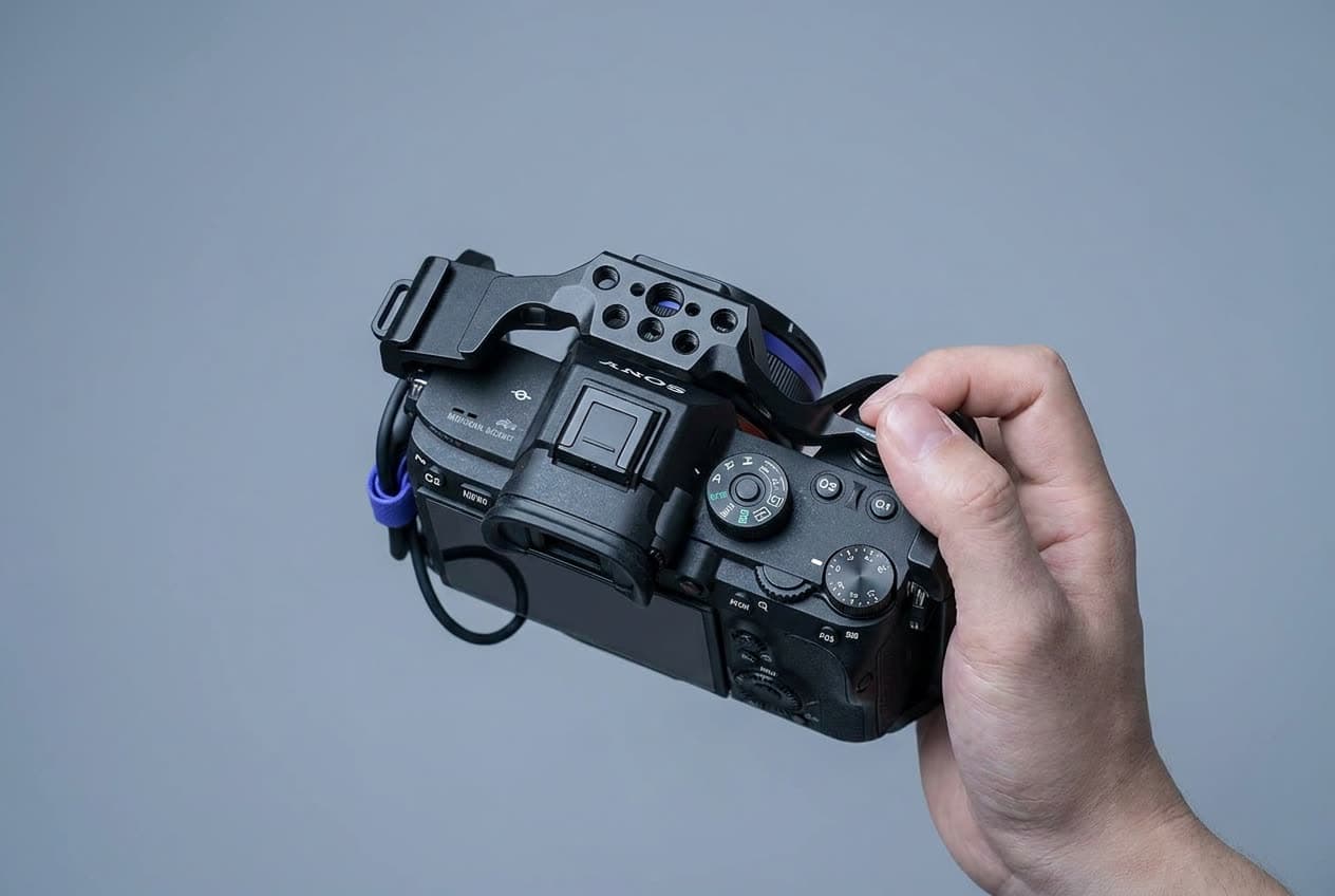 A camera cage with mounting points wrapped around a mirrorless body