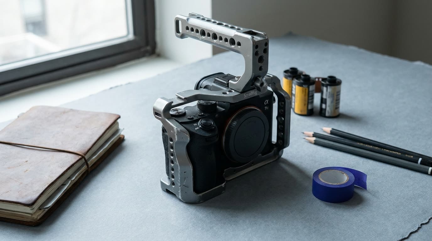 A camera cage with mounting points wrapped around a mirrorless body