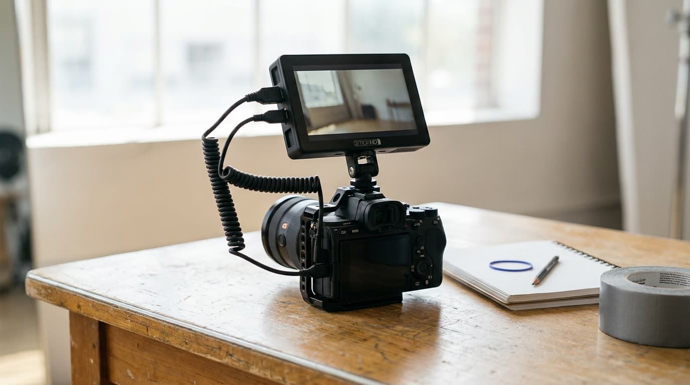 An on-camera field monitor mounted above a mirrorless body