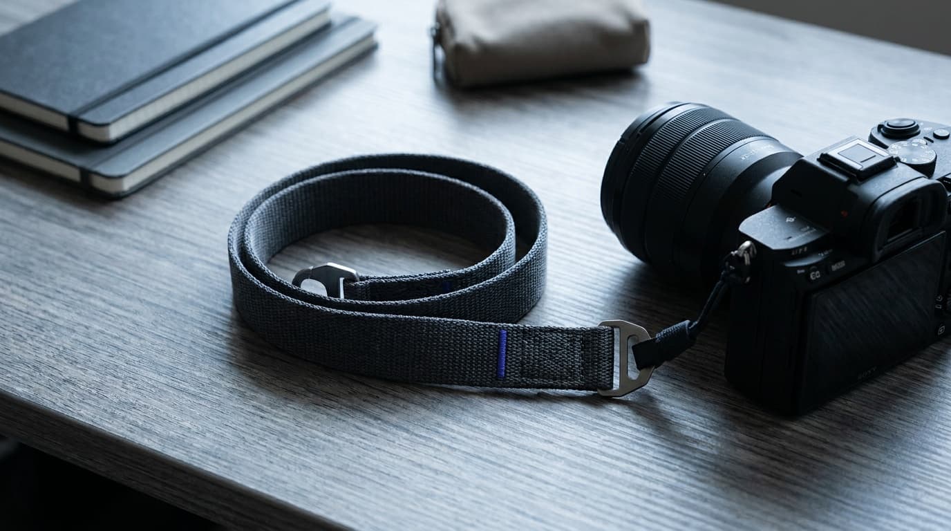 A camera hanging from a padded sling strap worn across the body
