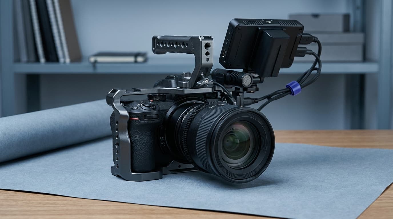 A mirrorless camera rigged for video on a desk