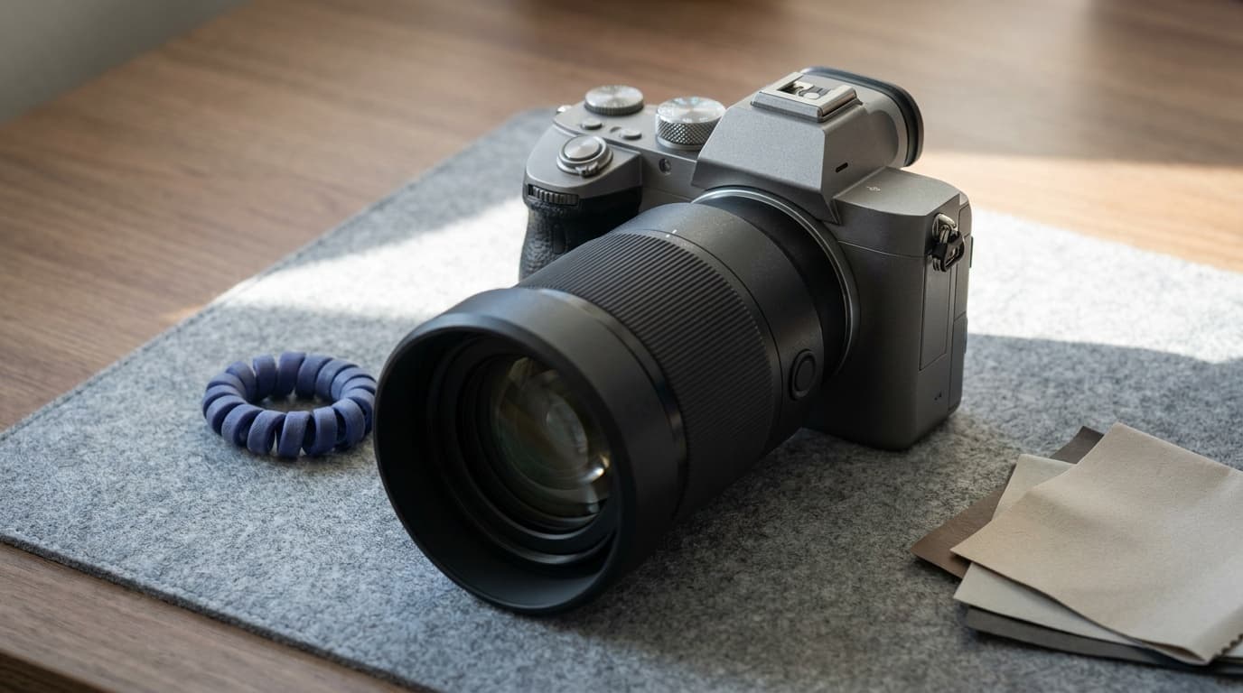 A telephoto-equipped camera body framed against an out-of-focus natural background