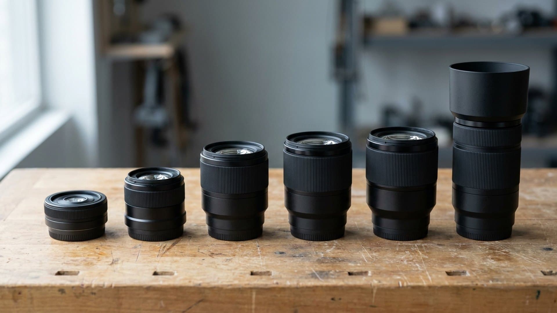 Six black mirrorless camera lenses of increasing size standing in a row on a wooden workbench in soft window light