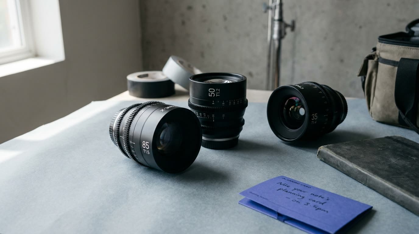 A set of matched cine prime lenses with geared focus rings laid out on a table