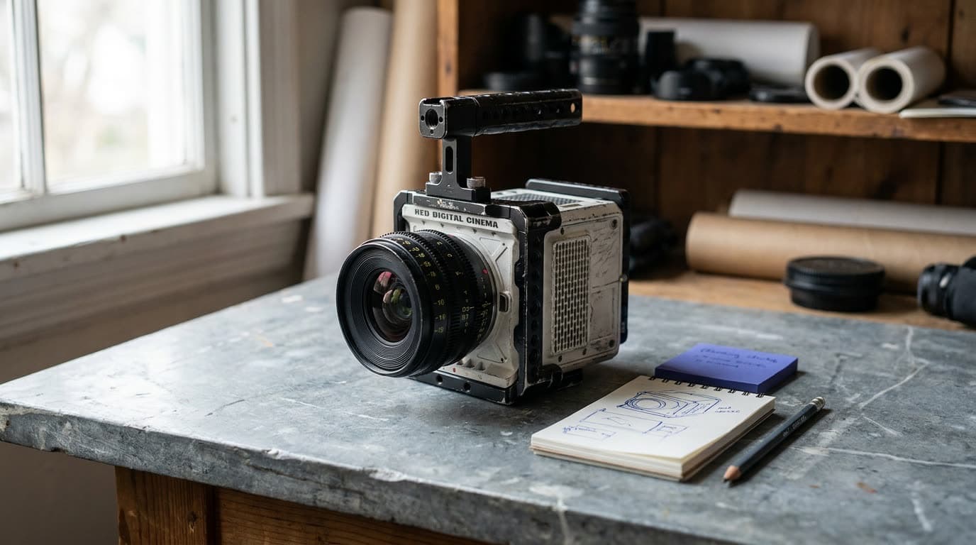 A rigged cinema camera with a matte box and external monitor on set