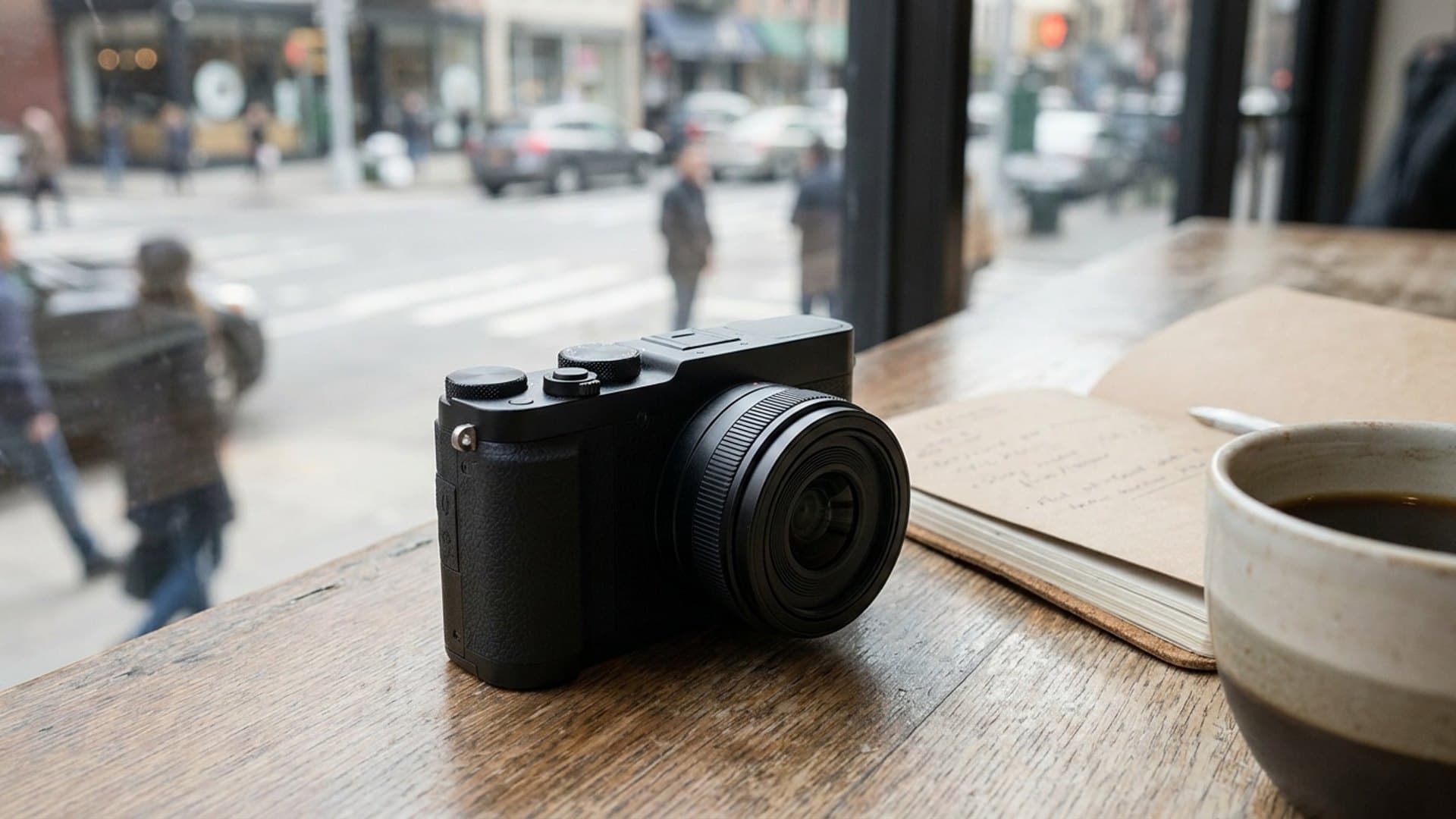 A small black compact camera resting on a cafe table beside a notebook and a cup, a city street blurred through the window behind it