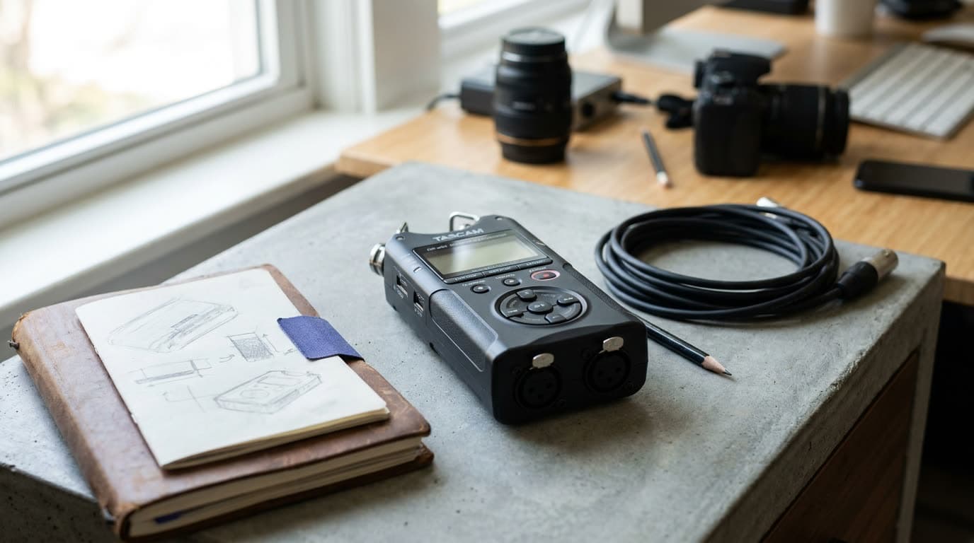 A handheld portable field recorder with built-in microphones