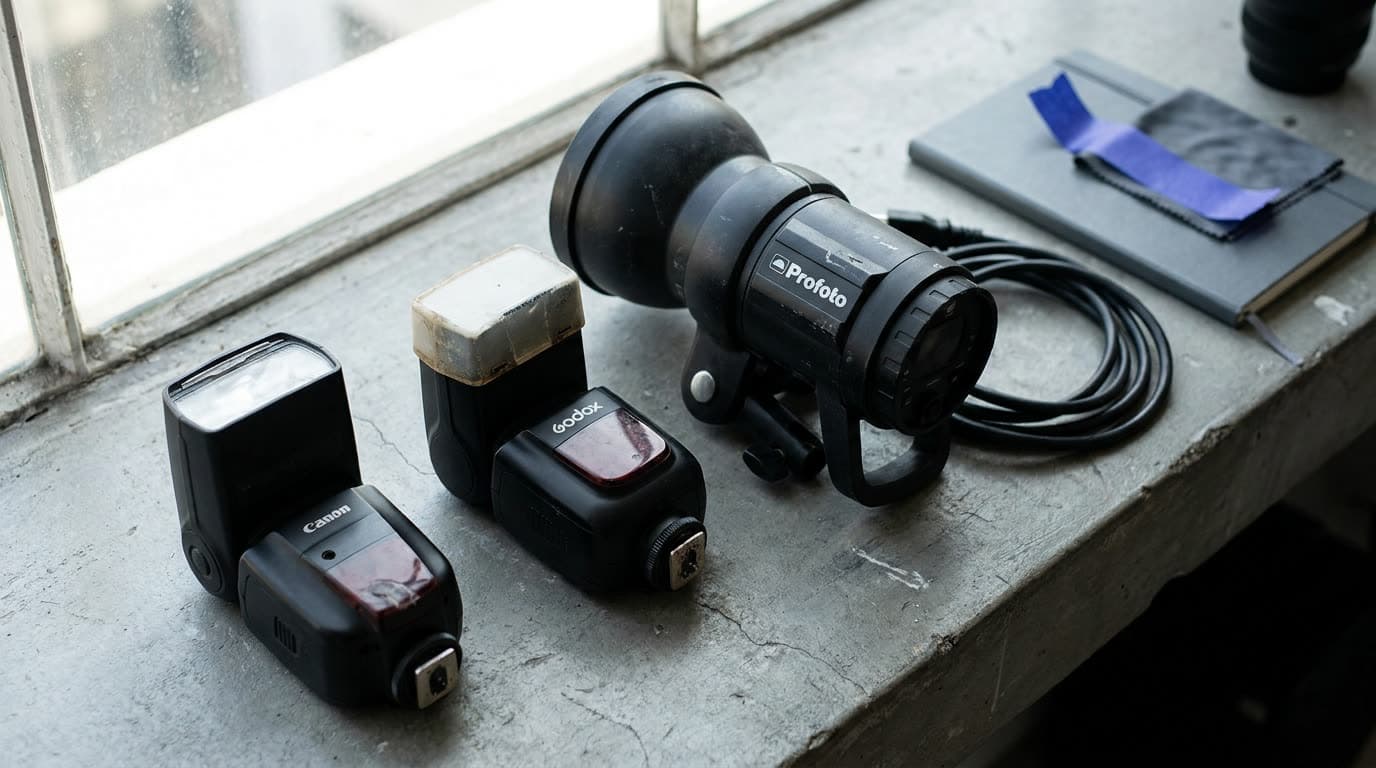 A camera with a speedlight beside a round-head flash