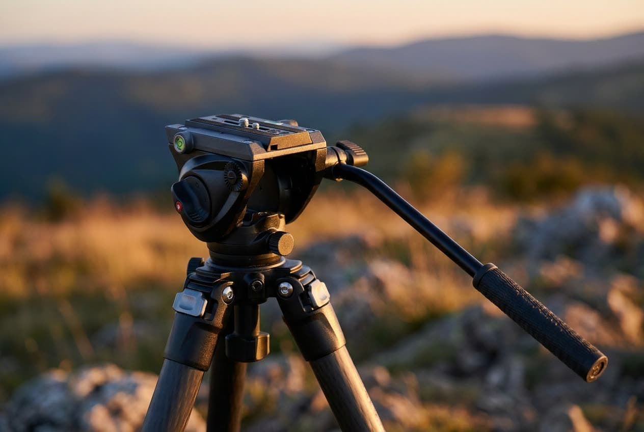 A fluid video head with a pan handle mounted on tripod legs