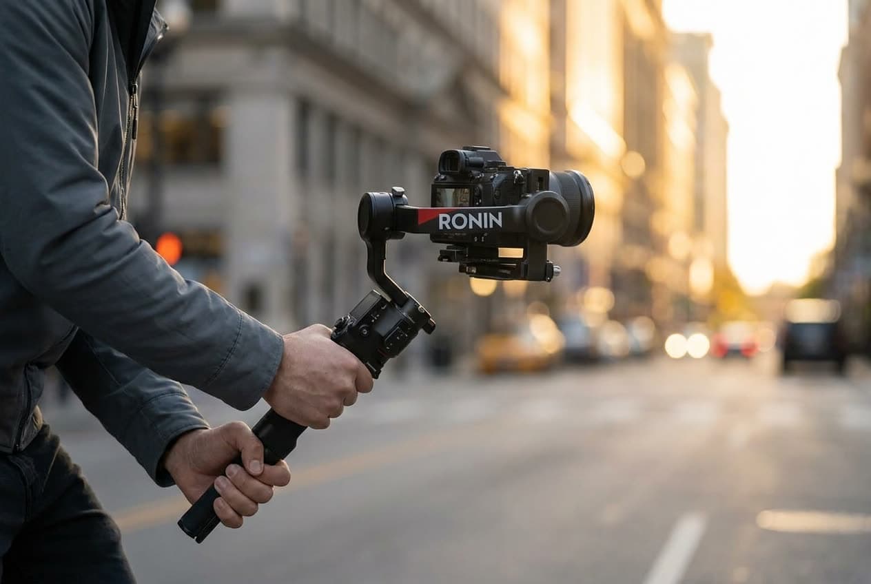 A videographer operating a handheld camera gimbal outdoors