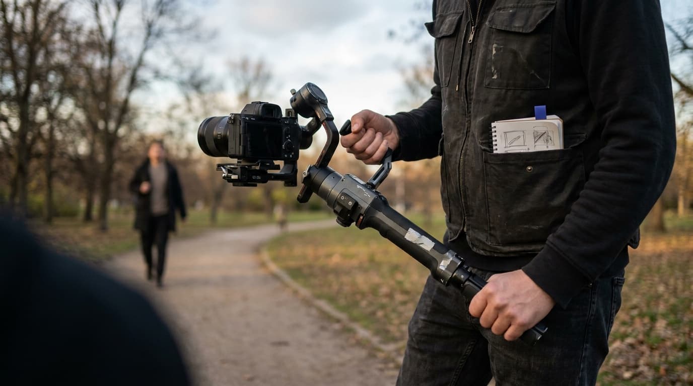 A videographer operating a handheld camera gimbal outdoors