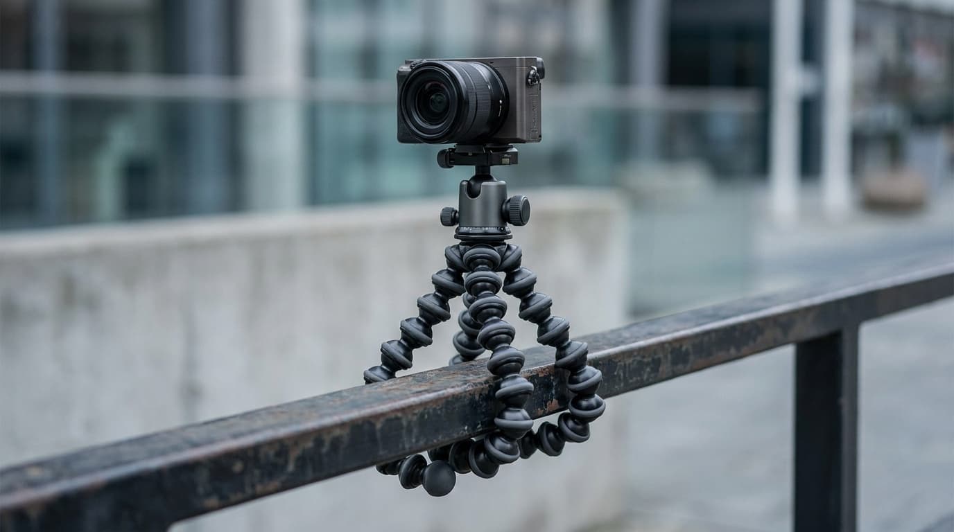 A flexible mini tripod with wrapped legs gripping a railing, holding a compact mirrorless camera