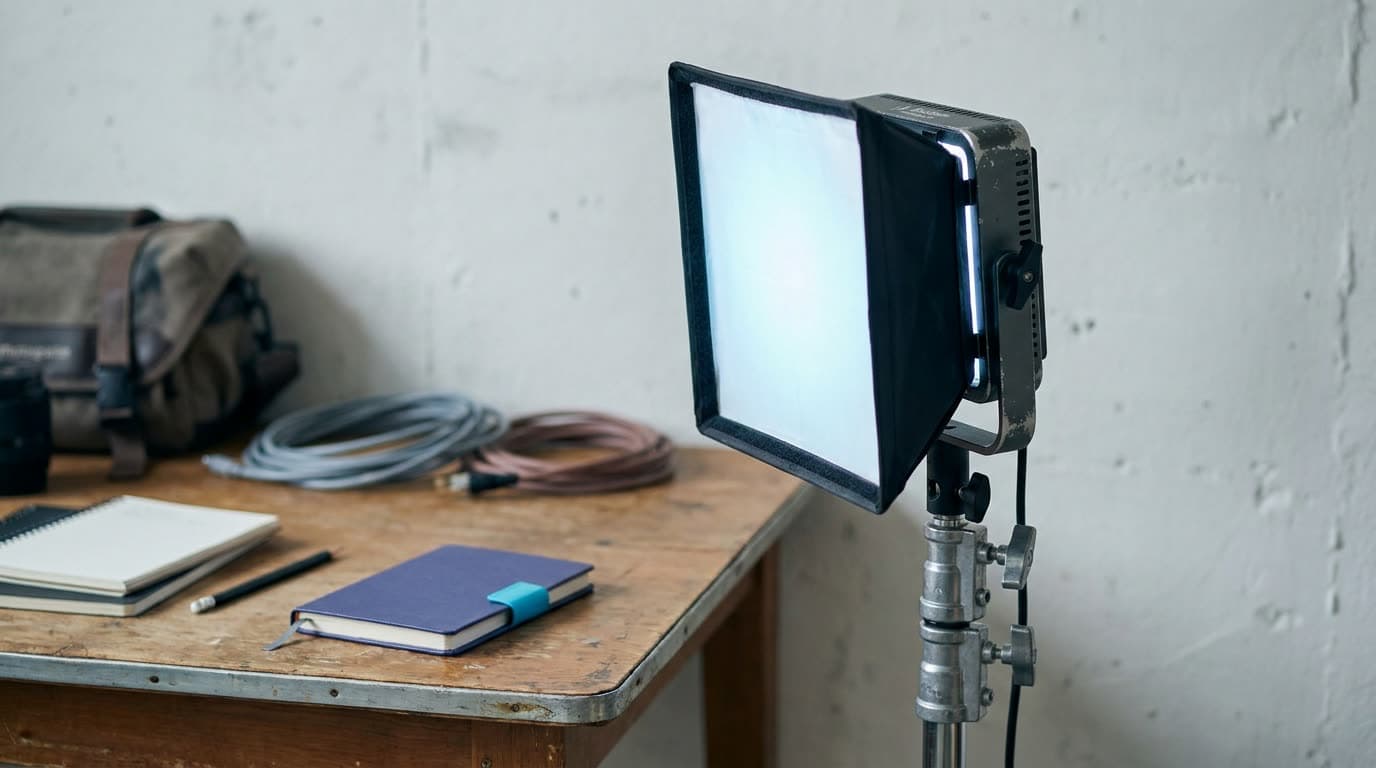 An LED COB video light with a softbox attached on a stand in a studio