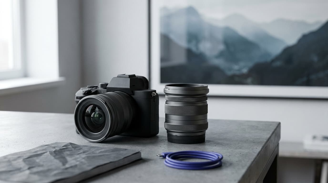 A wide-angle lens beside a camera with a blurred vista