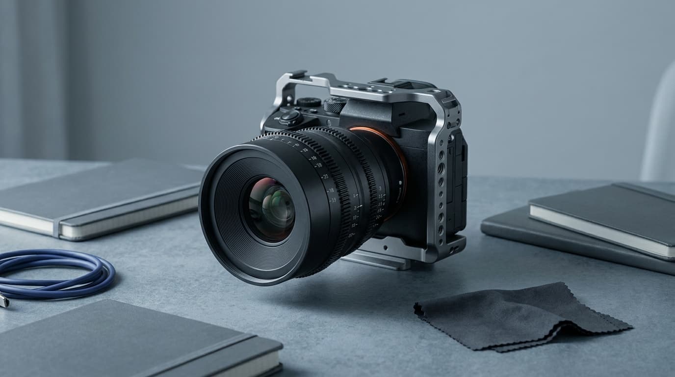A cine-style lens on a camera in a video rig