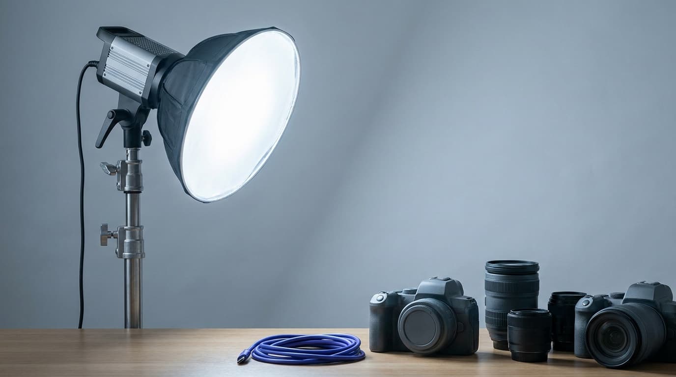 A COB LED video light with a softbox on a stand