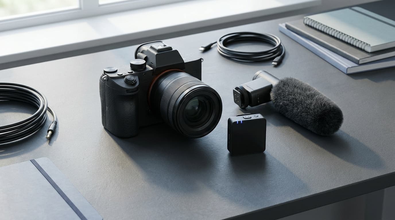 A wireless mic and shotgun mic beside a camera