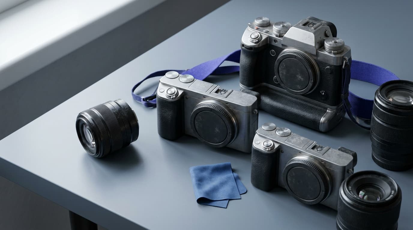 Several mirrorless camera bodies arranged on a cool surface
