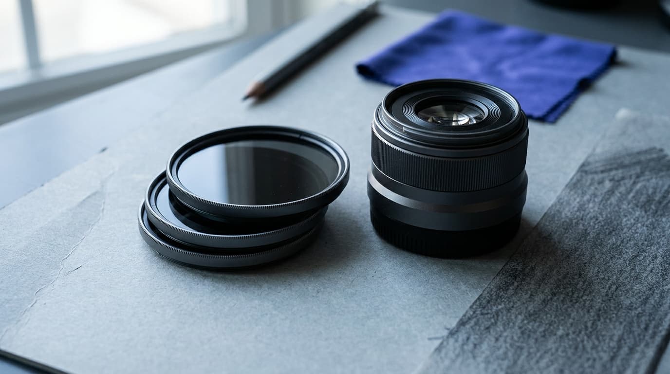 Stacked circular ND filters beside a lens