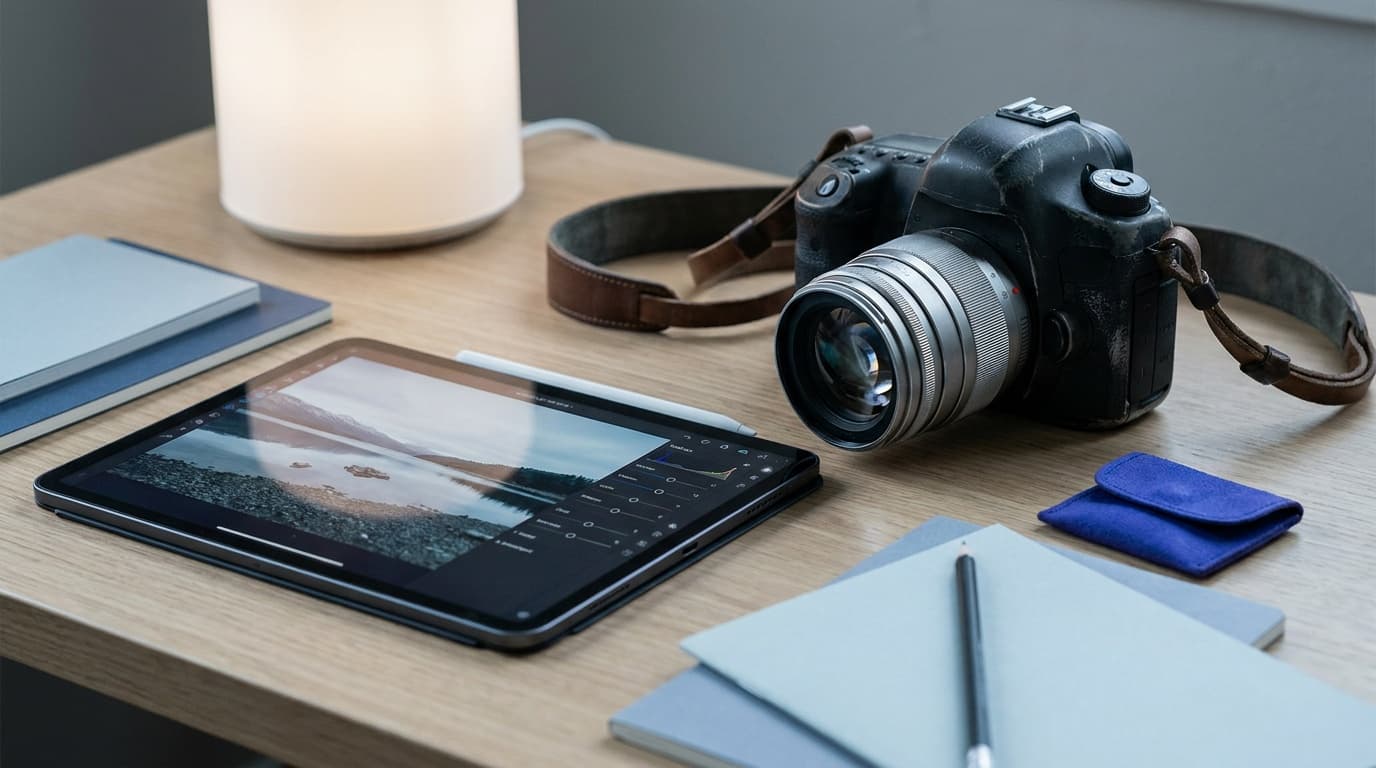 A tablet editing a landscape photo beside a camera