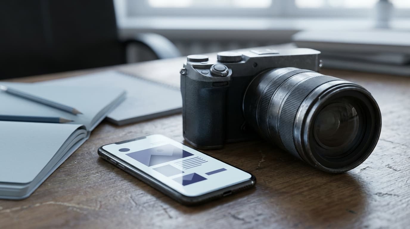 A smartphone beside a camera showing a planning app
