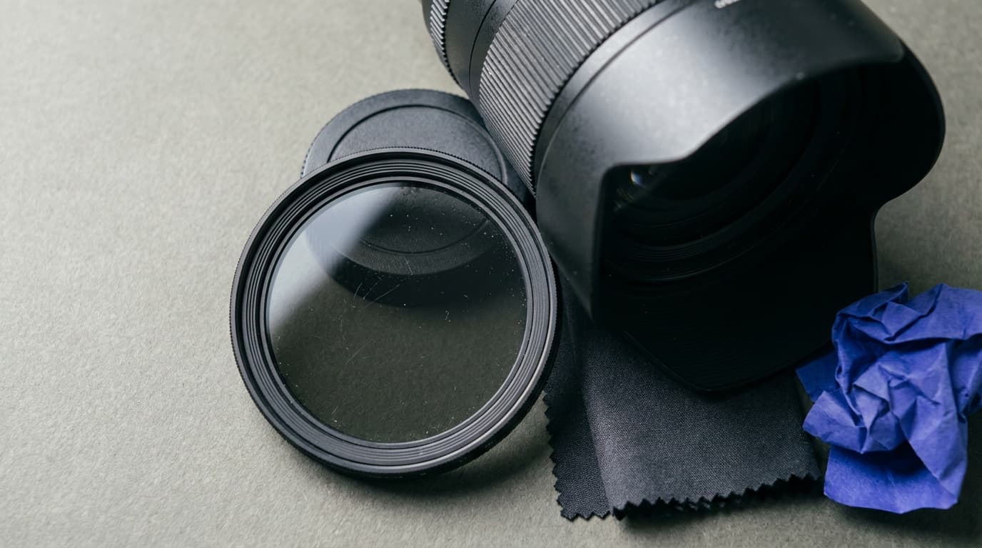 A circular polarizing filter held against a blue sky with deepened color through the glass