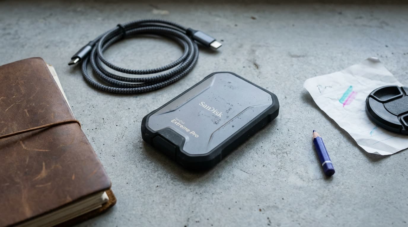 A portable external SSD connected to a laptop offloading video footage