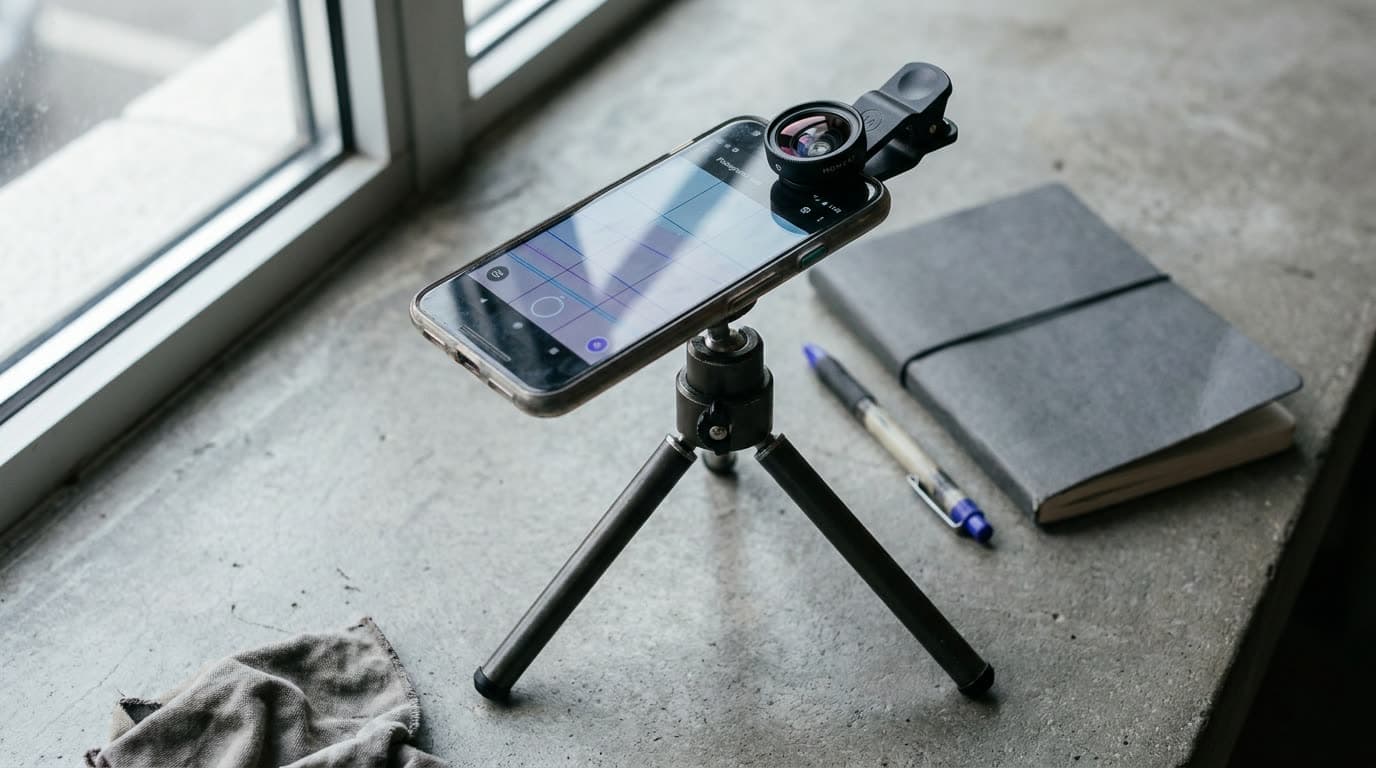 A smartphone mounted on a gimbal with a clip-on lens and external mic