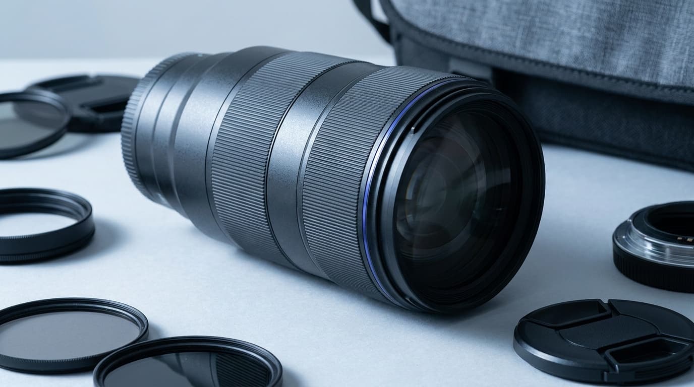 A long telephoto lens mounted on a mirrorless body against a dark background