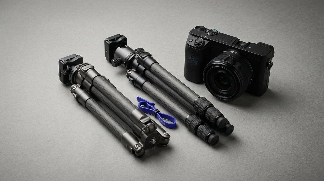 Folded travel tripods beside a compact camera