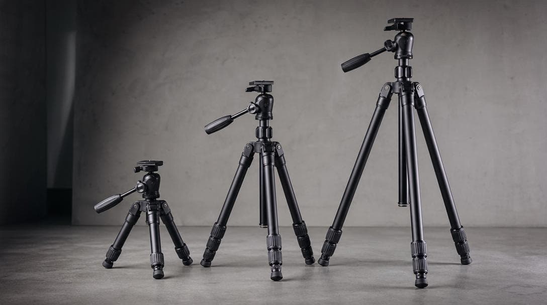 Three camera tripods of different sizes on a clean studio floor