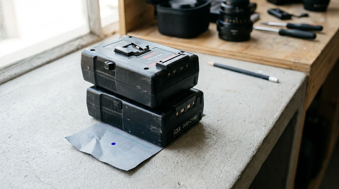 A V-mount battery attached to a camera rig power plate