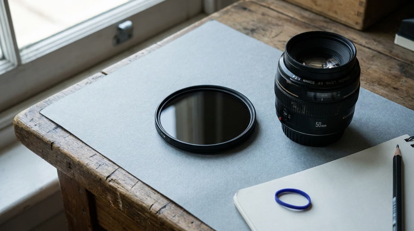 A variable ND filter threaded onto a lens with the rotation ring visible
