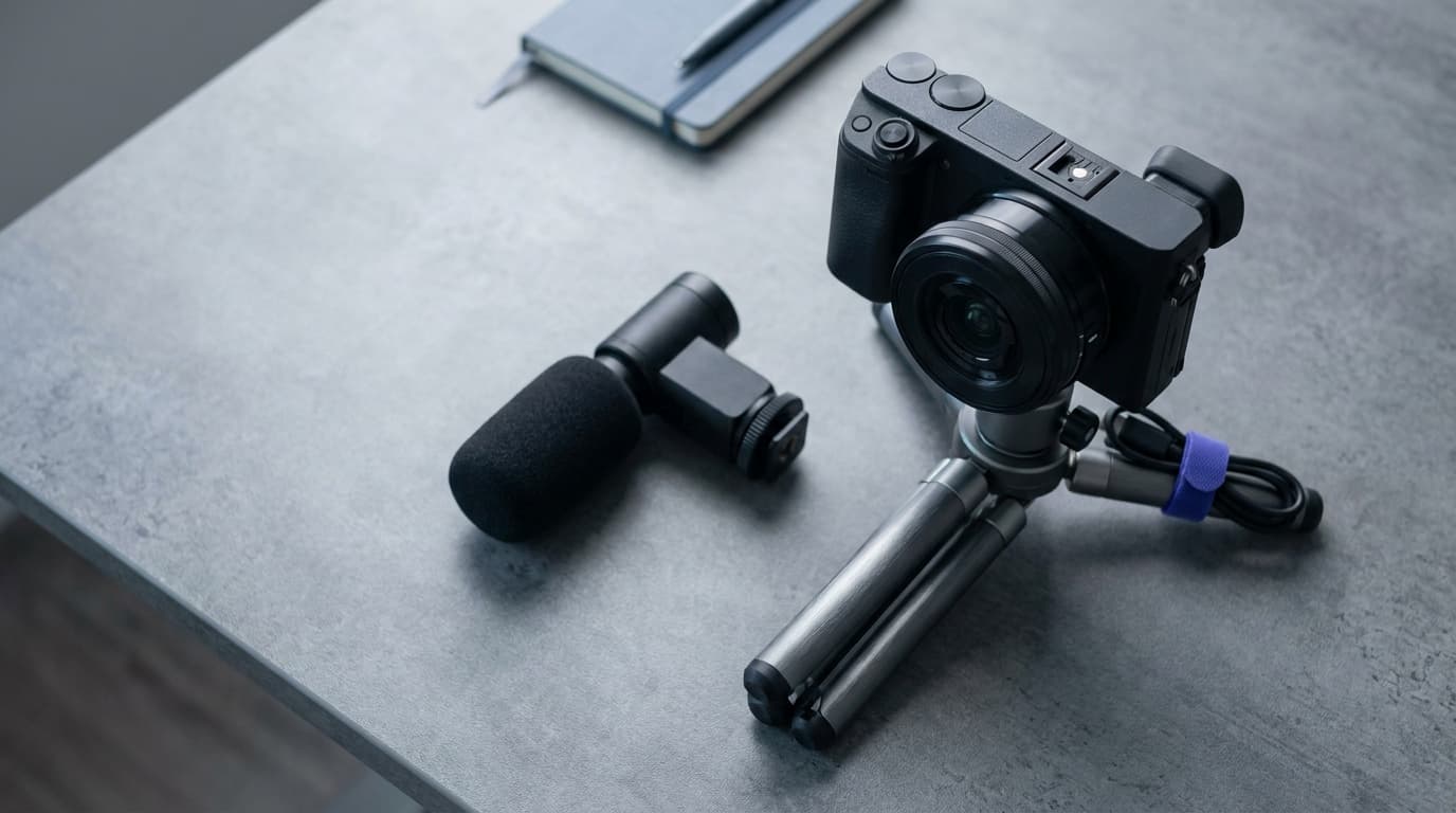 A compact vlogging camera on a tabletop tripod beside a small microphone on a neutral desk