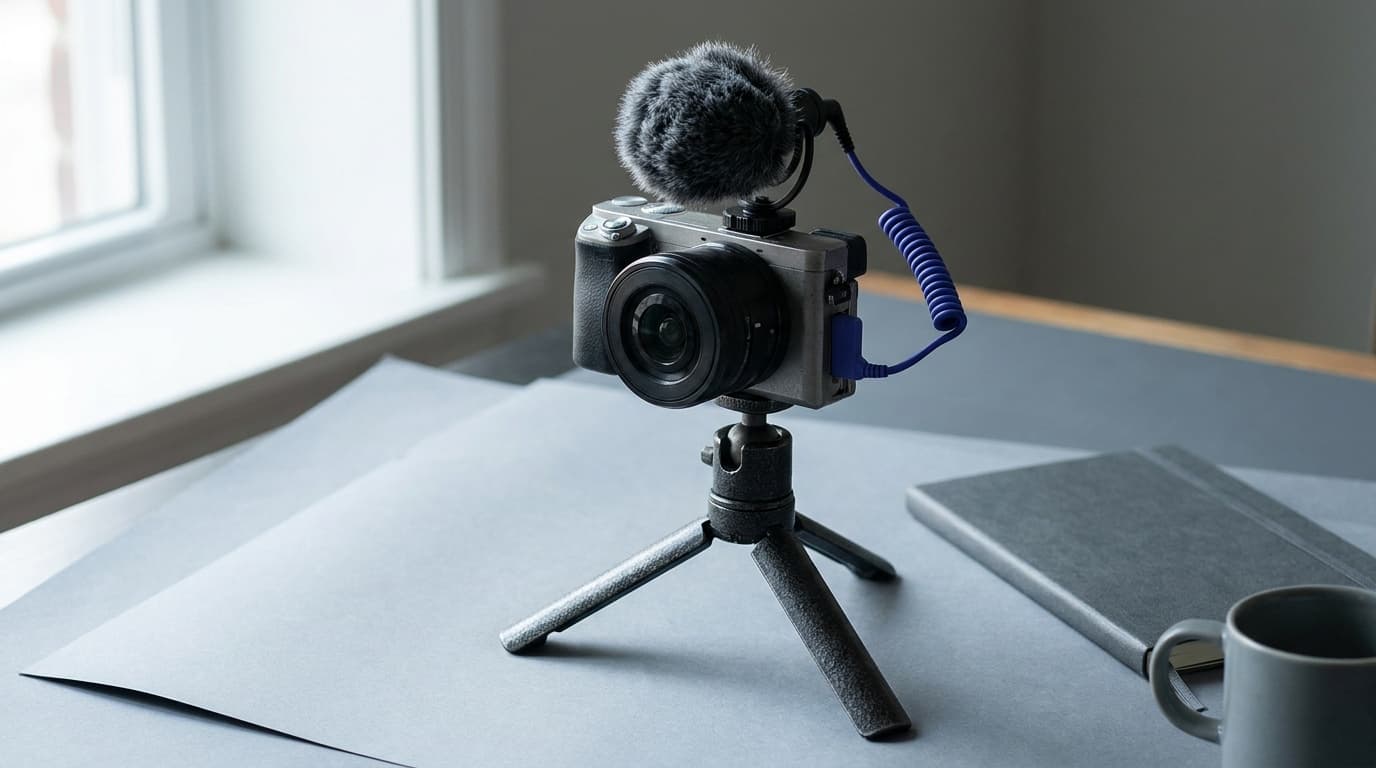 A compact vlogging camera on a tabletop tripod