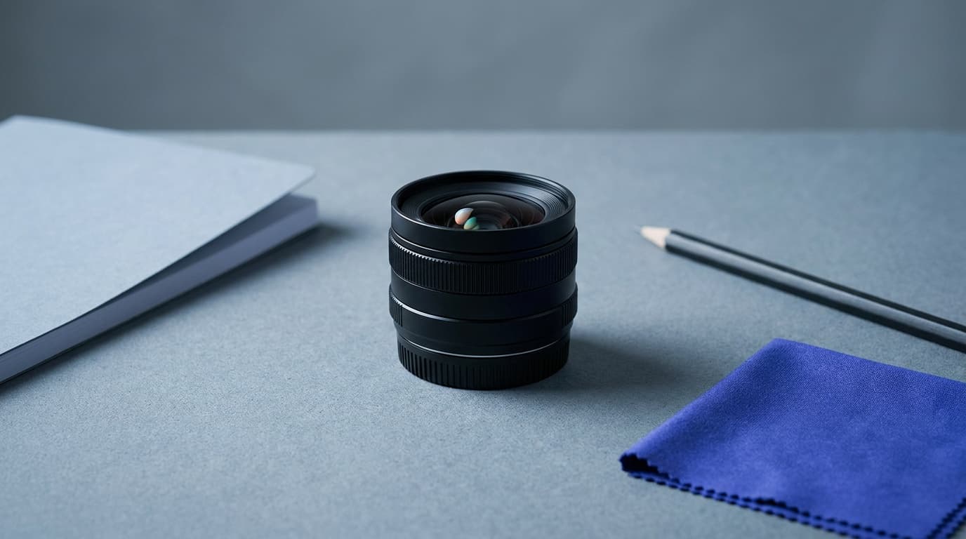 A compact wide-angle prime lens on a clean surface with a landscape reflection