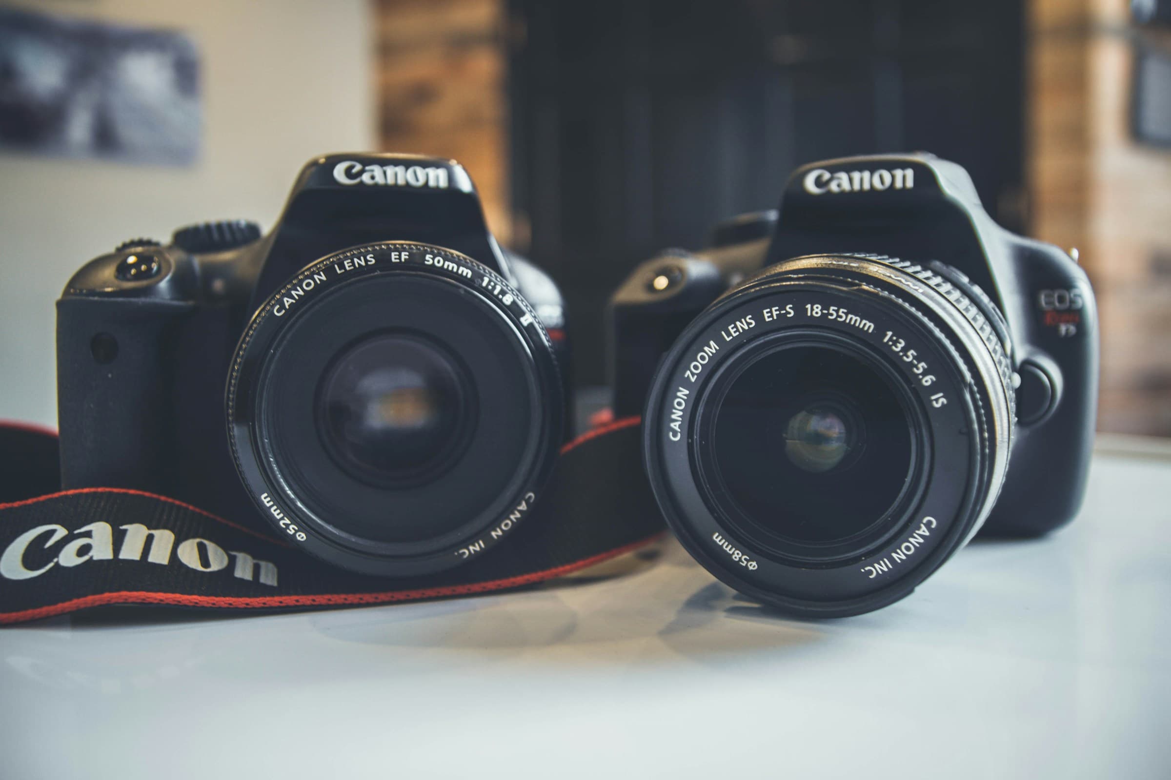 Two Canon DSLR cameras with different lens systems positioned side by side