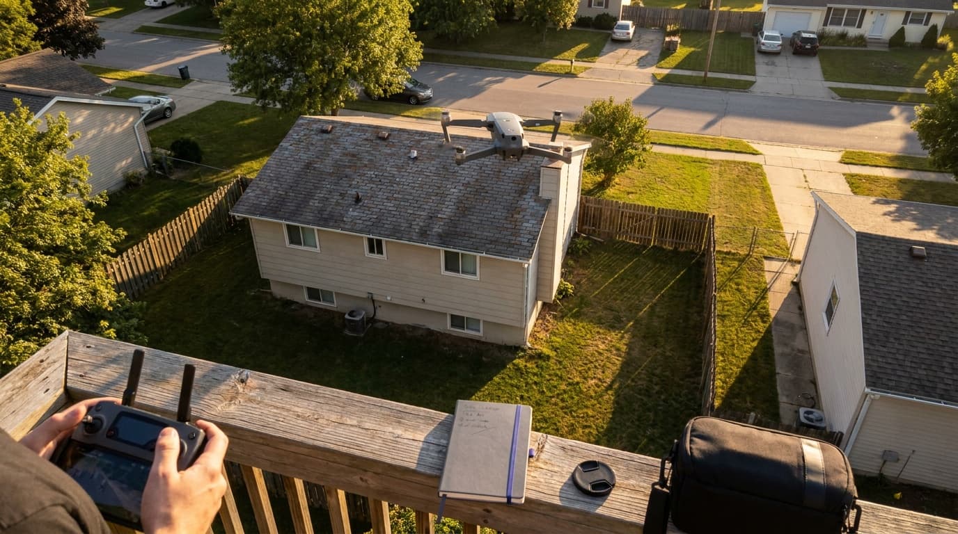 An aerial view of a property and its surroundings from a drone at low altitude