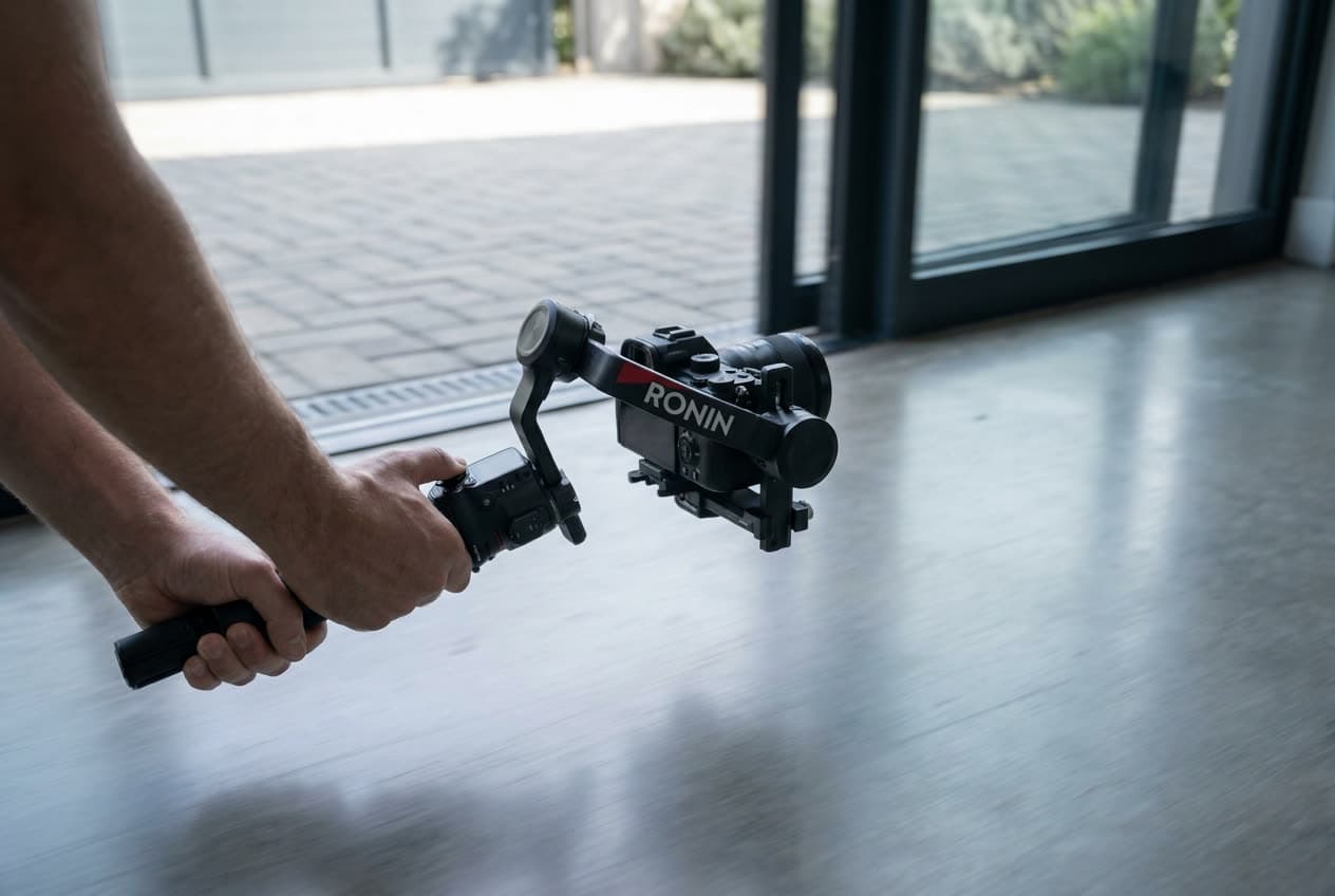A mirrorless camera on a gimbal handle mid tracking move