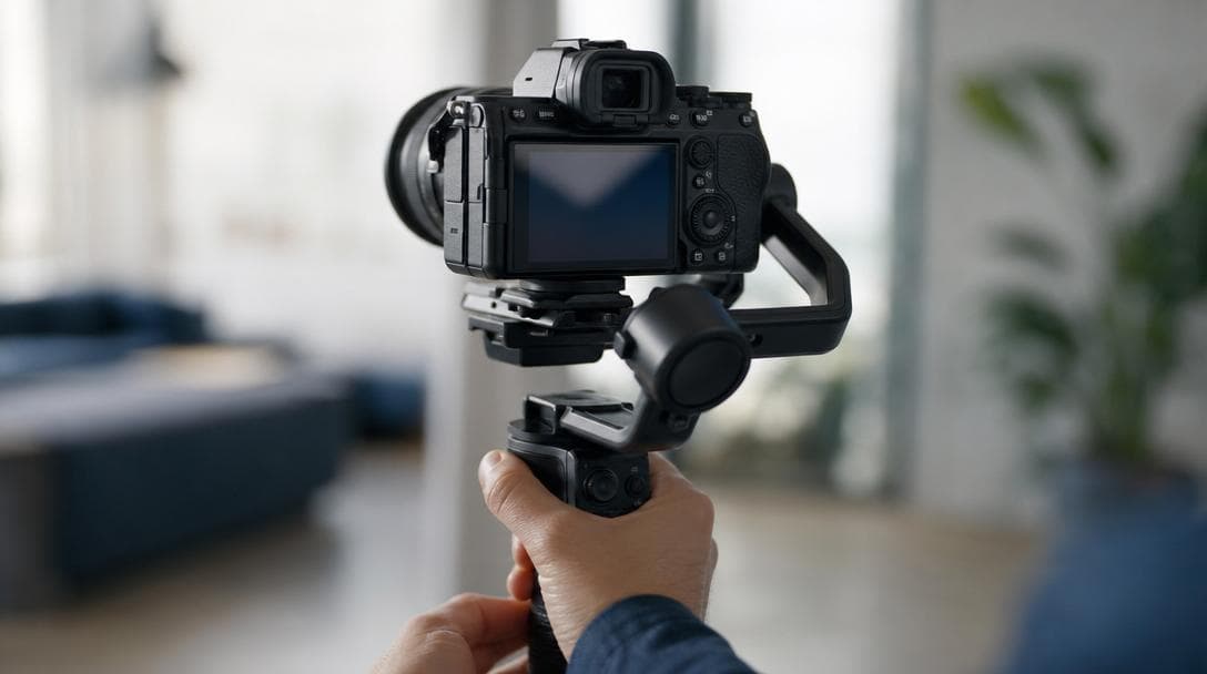 A mirrorless camera on a gimbal handle mid tracking move